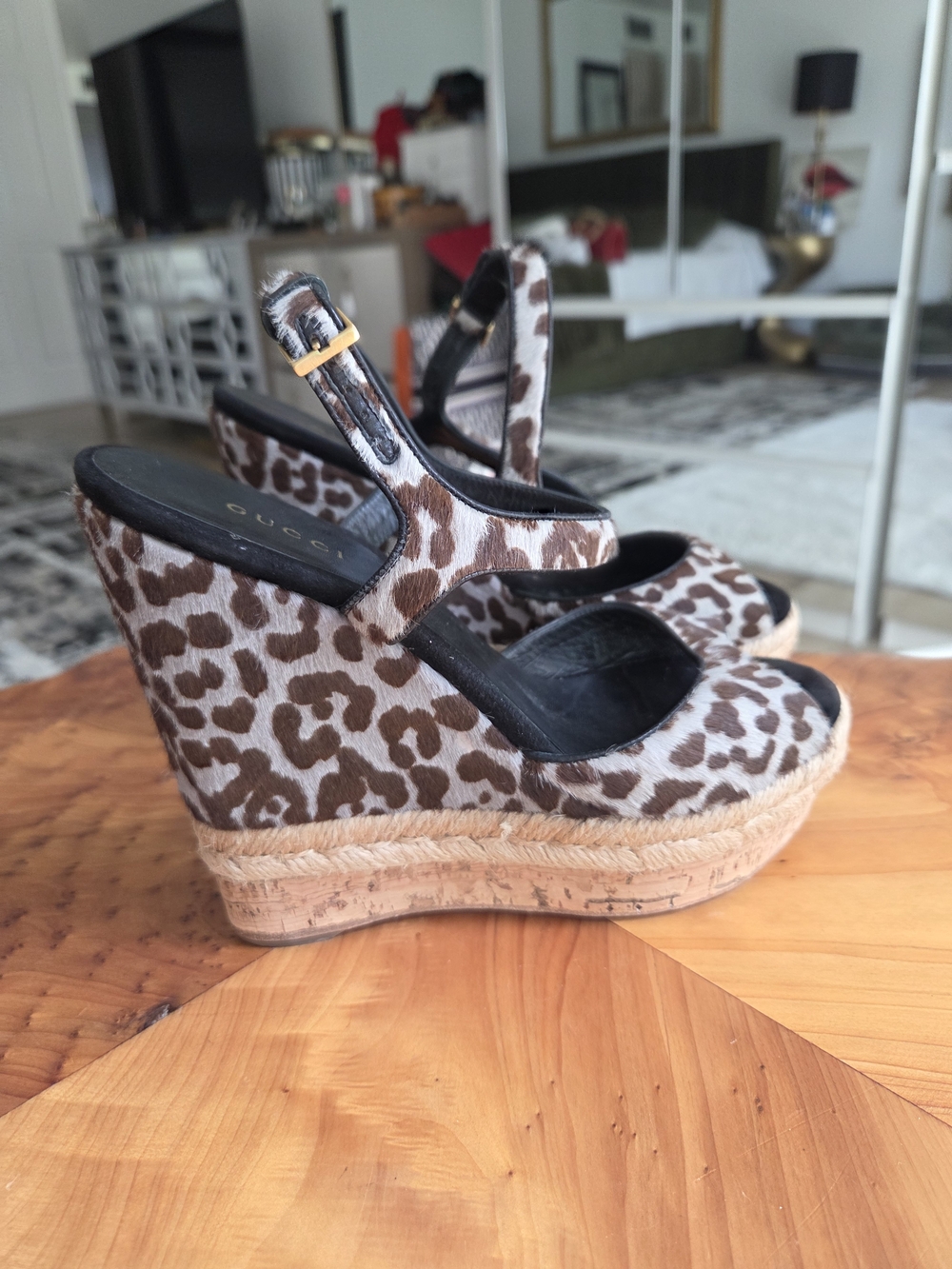 Gucci Brown Leopard Print Wedge Sandals